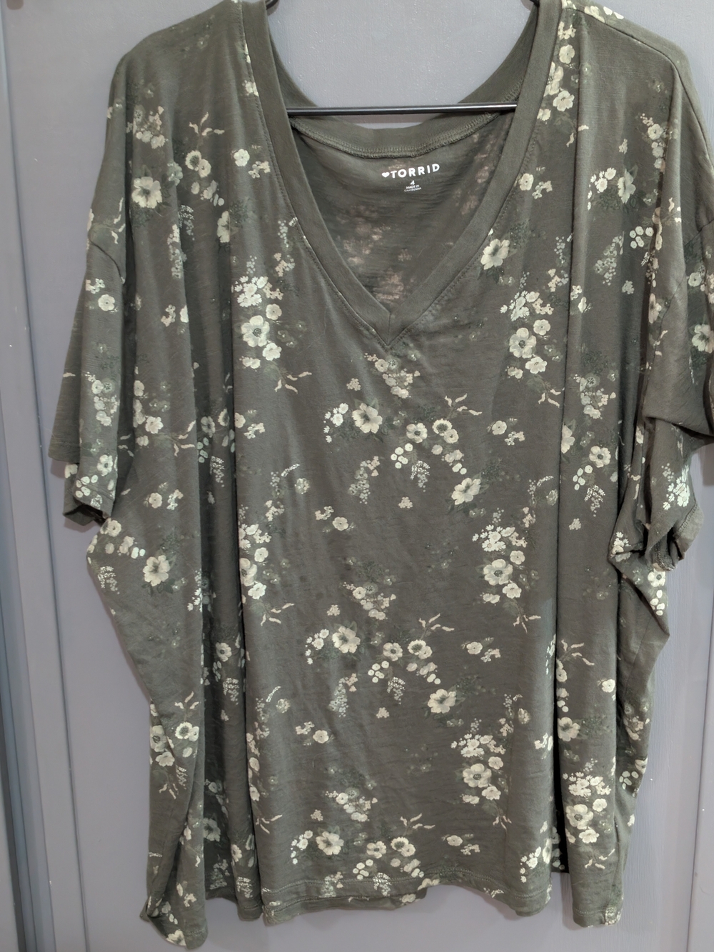 torrid Olive Floral V-Neck Tee with Cream Accents